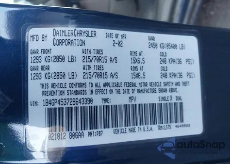 2002 Dodge Caravan Sport z USA, uszkodzony, nr VIN 1B4GP45372B643390